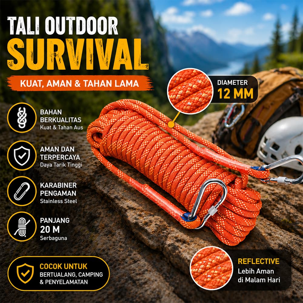 Tali Outdoor Darurat Panjat Tebing Survival Fire Rope 20M - TaffSPORT Tali Paracord Panjat Tebing Outdoor Darurat Survival Rope - RM-20 SEMEOR_12MM_20M_OREN Tali Outdoor Darurat Panjat Tebing Survival Fire Rope 20M - TaffSPORT Tali Paracord Panjat Tebing Outdoor Darurat Survival Rope - RM-20 SEMEOR_12MM_20M_OREN