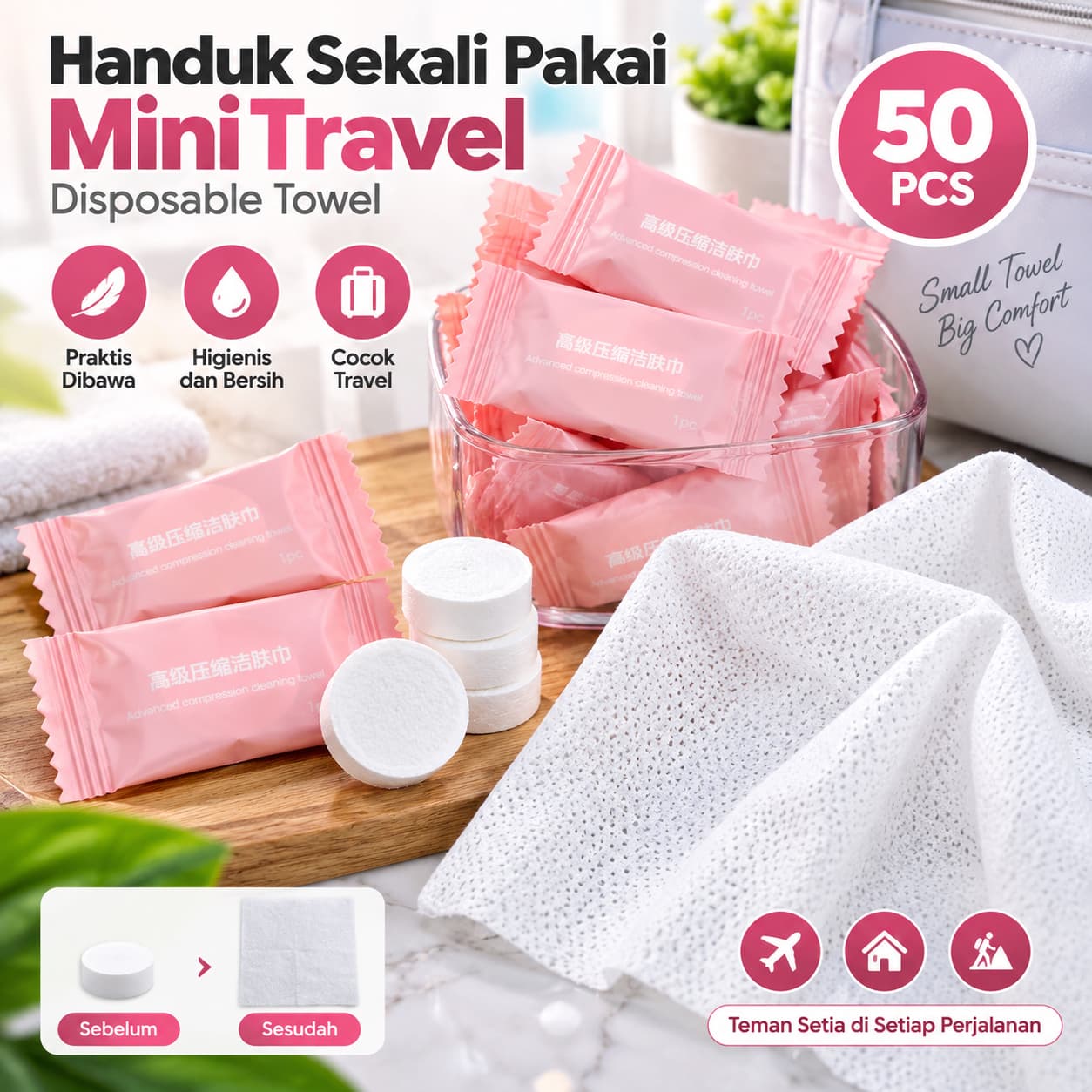 Handuk Sekali Pakai Mini Travel Disposable Towel 50 PCS