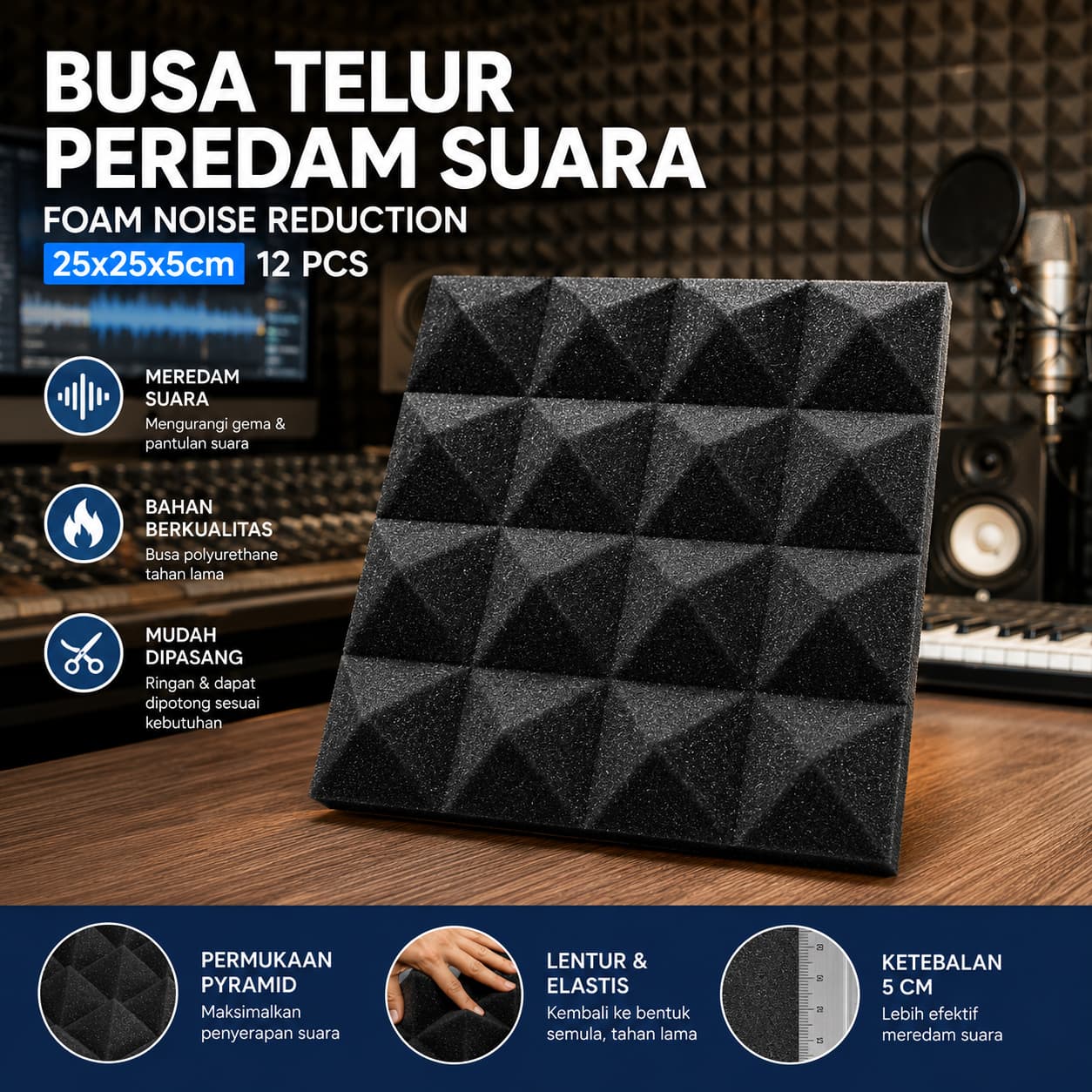 Busa Telur Peredam Suara Foam Noise Reduction 25x25x5cm 12 PCS