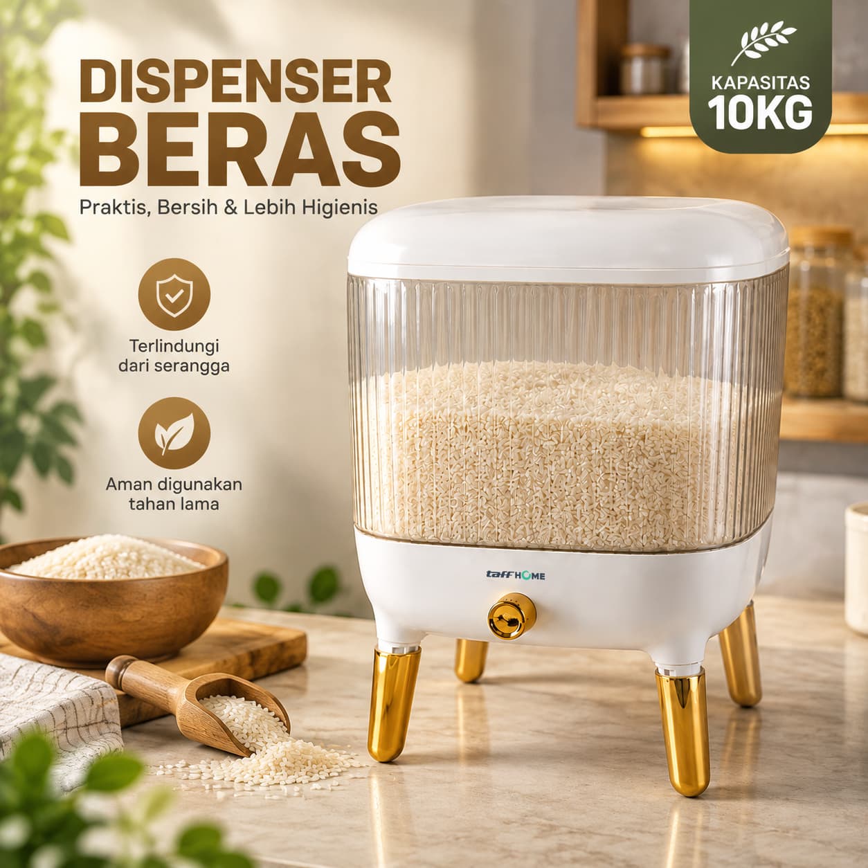 Tempat Beras Model Dispenser Anti Kutu Kedap Udara Kapasitas 5 6 8 10 Kg - TaffHOME Tempat Beras Dispenser Rice Box Container Insect Proof 10kg - DK32 HK54WO_PUTIH_GOLD Tempat Beras Model Dispenser Anti Kutu Kedap Udara Kapasitas 5 6 8 10 Kg - TaffHOME Tempat Beras Dispenser Rice Box Container Insect Proof 10kg - DK32 HK54WO_PUTIH_GOLD