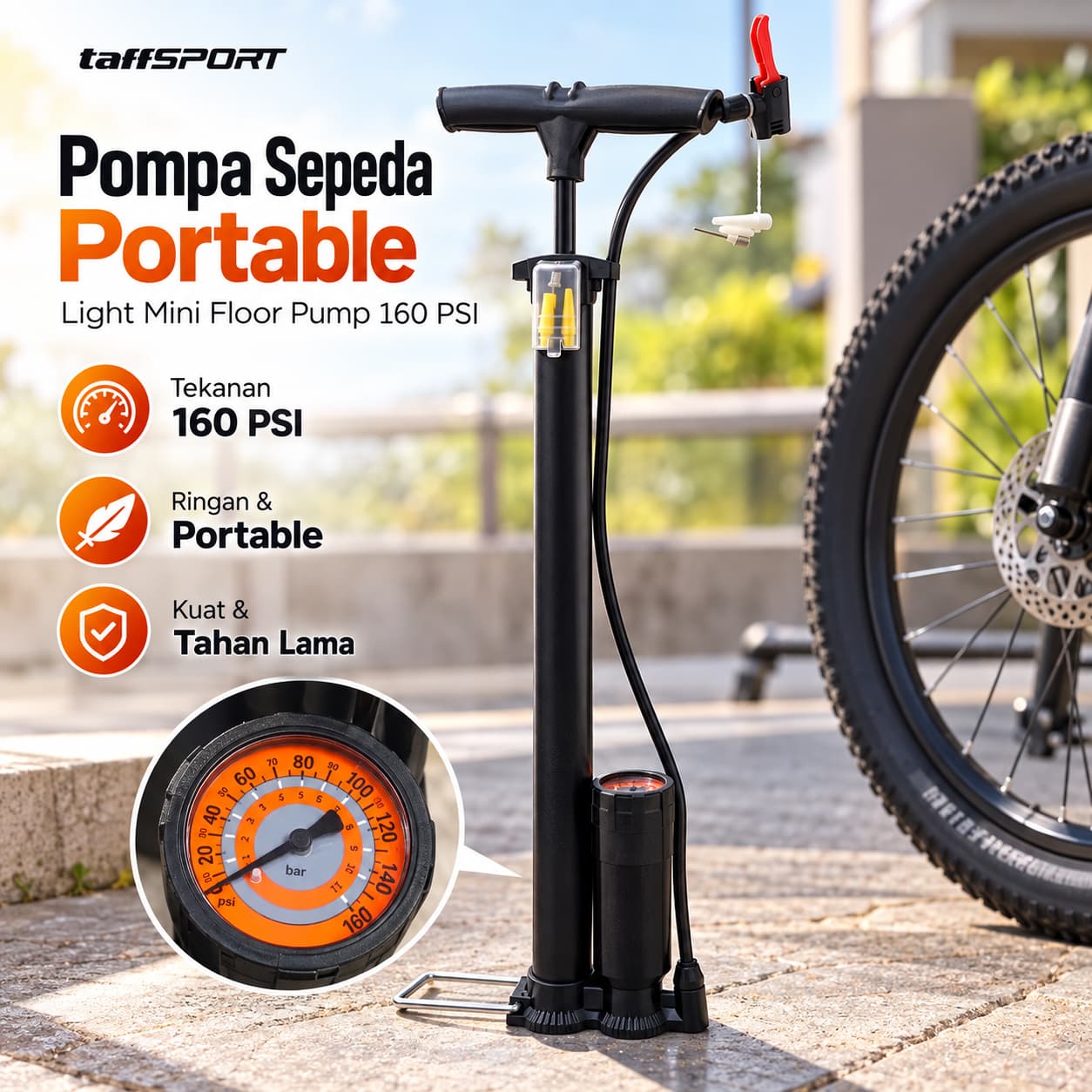 Pompa Angin Ban Sepeda Manual Air Pressure Pump 160 PSI - TaffSPORT Pompa Sepeda Portable Light Mini Floor Pump 160 PSI - PM90 SEBIBK_HITAM Pompa Angin Ban Sepeda Manual Air Pressure Pump 160 PSI - TaffSPORT Pompa Sepeda Portable Light Mini Floor Pump 160 PSI - PM90 SEBIBK_HITAM